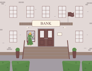 Facade of the bank with girl standing near ATM. Entrance with classic brick porch with steps and surveillance cameras to financial institution.Modern landscape design. Raster illustration