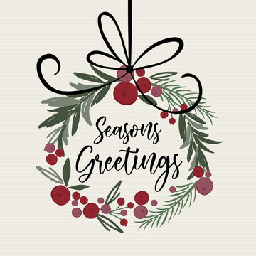 Beautiful Christmas decoration wreath with Seasons greetings writing, Christmas traditional vector illustration