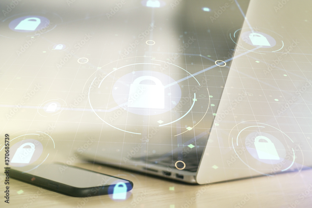 Poster double exposure of creative lock hologram with chip on laptop background. information security conce