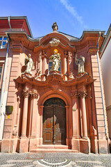 Mainz, Germany - July 2020: Entrance of Seminary church called 'Augustiner Priestrseminar' in historic city center