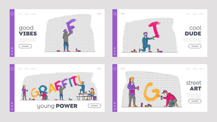 Street Artist Characters Painting Graffiti on Brick Wall Landing Page Template Set. Young People Creative Hobby Activity