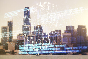 Abstract virtual creative code skull hologram on San Francisco office buildings background, theft of personal data and malware concept. Multiexposure