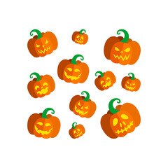 Carved pumpkins for Halloween party. Square print with spooky Halloween pumpkins. Vector illustration in flat style