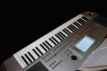 New modern pipe organ keyboard top view.
