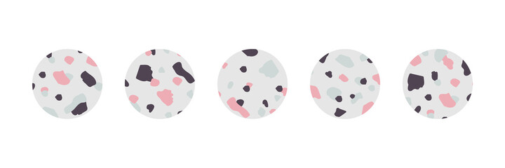 Set, collection of abstract terrazzo round, circle icons for social media stories, highlights covers.