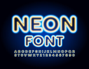 Vector Neon Font. Glowing bright Alphabet Letters and Numbers.