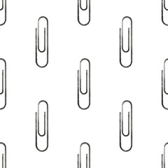 Seamless pattern of hand drawn gem paper clip isolated on white. Metal device to hold and fasten  sheets of paper. Backdrop with bended steel wire for school, office and hobby. Elements of stationery.