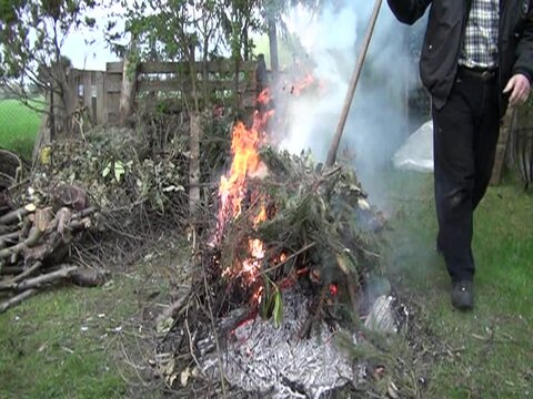 Mann stochert im Osterfeuer rum und hebt einen gr&uuml;en Tannenzweig auf die Feuerstelle, um das Feuer anzuheizen. Zeitlupenaufnahme. Lagerfeuer und Campfire im Garten. Einheimische Tradition im Osten.