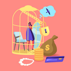 Female Sitting in Luxury Golden Cage Dreaming of Escape Imagine herself as Bird. Woman Dream to Escape from Gold Cell