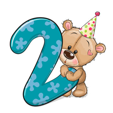 Cartoon Teddy Bear and number two isolated on a white background