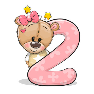Cartoon Teddy Bear Girl and number  two isolated on a white background