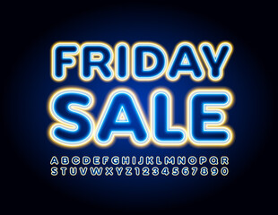 Fototapeta premium Vector promotion banner Friday Sale. Neon Yellow and Blue Font. Glowing Alphabet Letters and Numbers