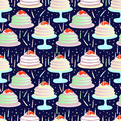 bright multi-colored seamless pattern with the image of cakes. Drawn by hand in a cartoon style. Decor for textiles, packaging paper or Wallpaper.