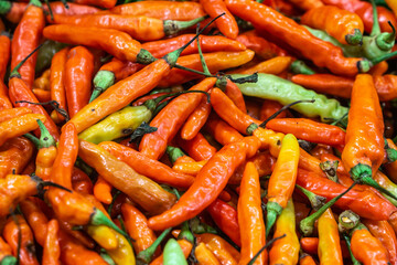 Basket with red and green chilli pepper in the shop