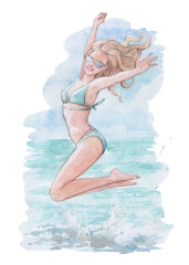 happy girl jumping in the sea