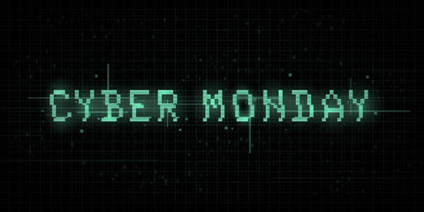 Cyber monday banner. Glitch effect, VHS, retro cyber style, pixel 8 bit typography on dark background with binary code. Design for banner, cover, web. Vector