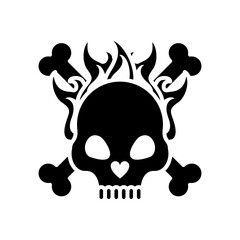 death skull head with bones crossed on fire silhouette style