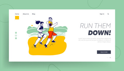 Obraz na płótnie Canvas Jogging and Sport Lifestyle Landing Page Template. Happy Couple Sports Characters Running on Beach Seascape Background