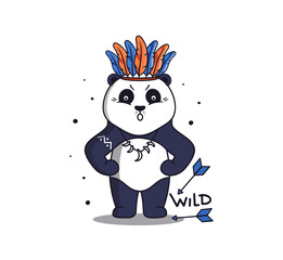 A strong panda in boho style with arrows and feathers.