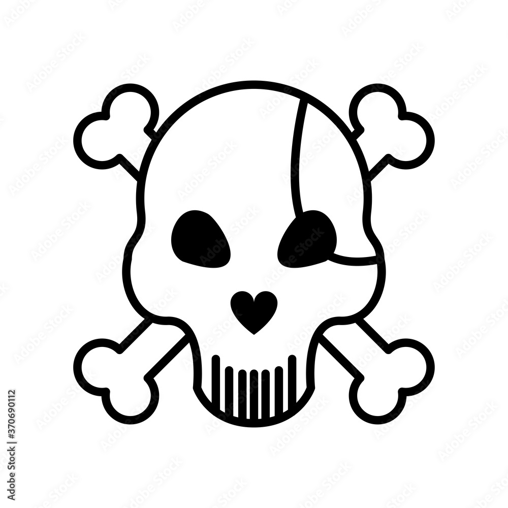 Sticker death skull with bones crossed and pirate patch line style icon