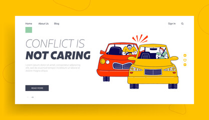 Traffic Situation Landing Page Template. Car Accident or Conflict on Road, Drivers Male Characters Arguing and Signaling