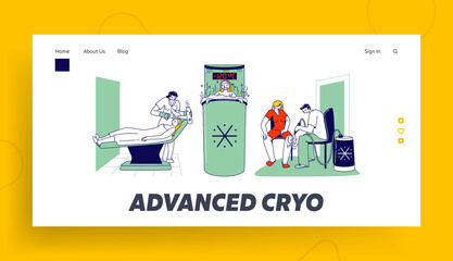 Obraz na płótnie Canvas Female Characters Visit Cryotherapy Procedure Landing Page Template. Women Applying Face and Leg Cryo Physiotherapy