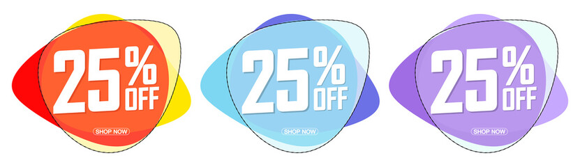 Set Sale 25% off bubble banners, discount tags design template, vector illustration