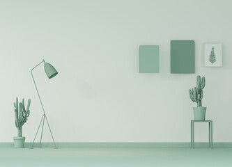 Minimal concept of home decor with cactus,mock up poster frame and elegant accessories in plain monochrome pastel blue color. Light background with copy space. 3D rendering for web page, presentation 