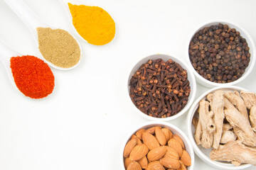 indian spices isolated on white background.