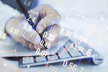 Multi exposure of abstract financial diagram with hand writing in notepad on background, banking and accounting concept