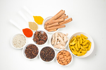 indian spices isolated on white background.