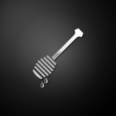 Silver Honey dipper stick with dripping honey icon isolated on black background. Honey ladle. Long shadow style. Vector.