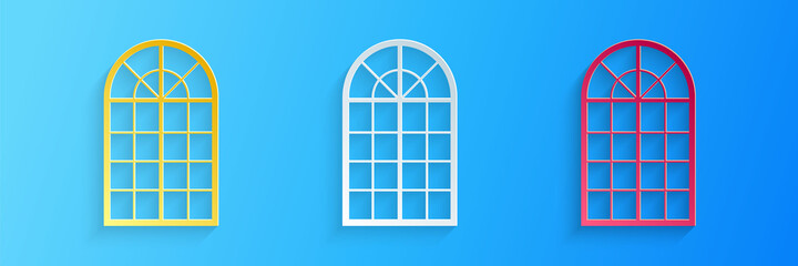 Paper cut Arched window icon isolated on blue background. Paper art style. Vector.