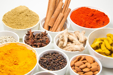 indian spices isolated on white background.