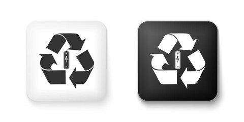 Black and white Battery with recycle symbol icon isolated on white background. Battery with recycling symbol - renewable energy concept. Square button. Vector.