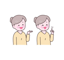 소개하는 제스쳐와 가리키는 제스쳐를 취하는 할머니.