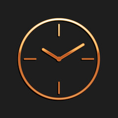 Gold Clock icon isolated on black background. Time symbol. Long shadow style. Vector.