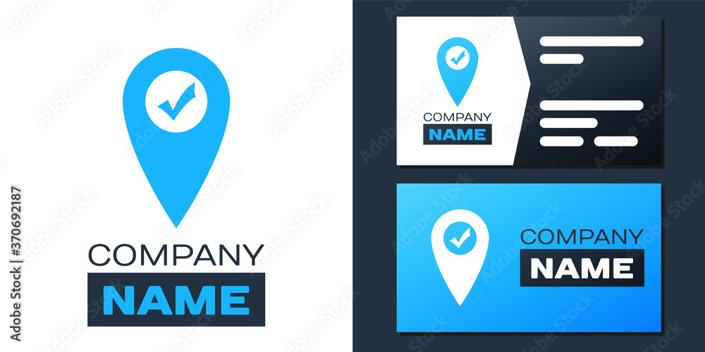 Poster logotype map pointer with check mark icon isolated on white background. marker location sign. tick s