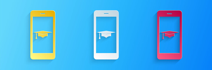 Paper cut Graduation cap and smartphone icon. Online learning or e-learning concept icon isolated on blue background. Paper art style. Vector.