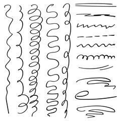Set of handmade lines, brush lines, underlines. Hand-drawn collection of doodle style various shapes. Art Lines. Isolated on white. Vector illustration