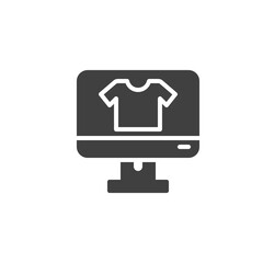 Online shopping vector icon. filled flat sign for mobile concept and web design. Computer monitor with t-shirt glyph icon. Symbol, logo illustration. Vector graphics