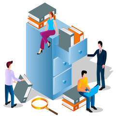 People are searching for documents.The concept of office management.Teamwork.Office work and coworking.Isometric vector illustration.