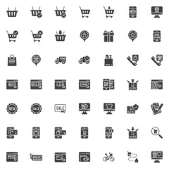 Online shopping e-commerce vector icons set, modern solid symbol collection, filled style pictogram pack. Signs, logo illustration. Set includes icons as parcel delivery service, online payment