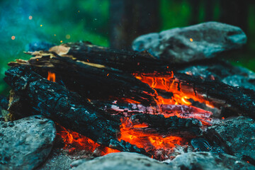 Vivid smoldered firewoods burned in fire closeup. Atmospheric background with orange flame of...
