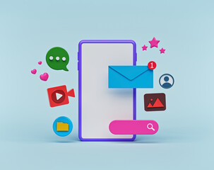 modern social network Icons with a smartphone. abstract trendy colorful design for social media advertising and marketing. technology concept. 3d rendering