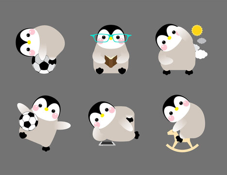 Cute Penguin set of illustrations, with penguins in different situations. Vector illustration