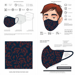 Abstract, Floral Print, Navy, Light, Dark, Flower, Background Pattern Seamless Design for Face Mask, Pillow, Print, Fashion, Clothing, Fabric, Mockup Template Protective Face Mask Seamless Vector