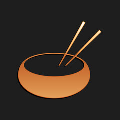 Gold Bowl with asian food and pair of chopsticks silhouette icon isolated on black background. Concept of prepare, eastern diet. Long shadow style. Vector.
