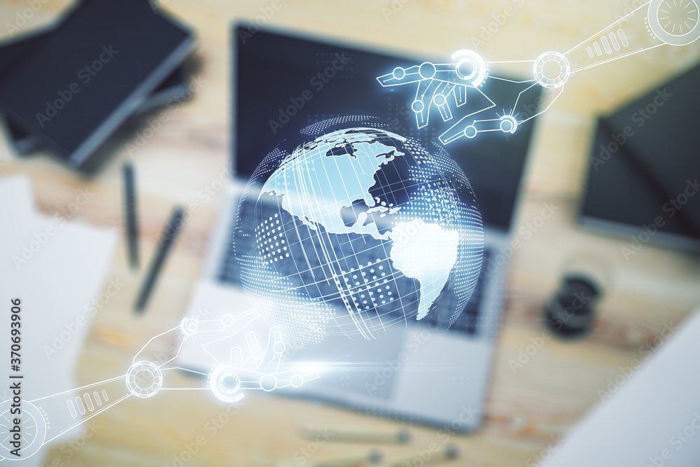 Poster creative concept of robotics technology with globe sketch on modern laptop background. robot develop