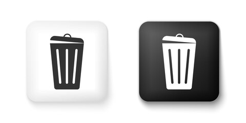 Black and white Trash can icon isolated on white background. Garbage bin sign. Recycle basket icon. Office trash icon. Square button. Vector.